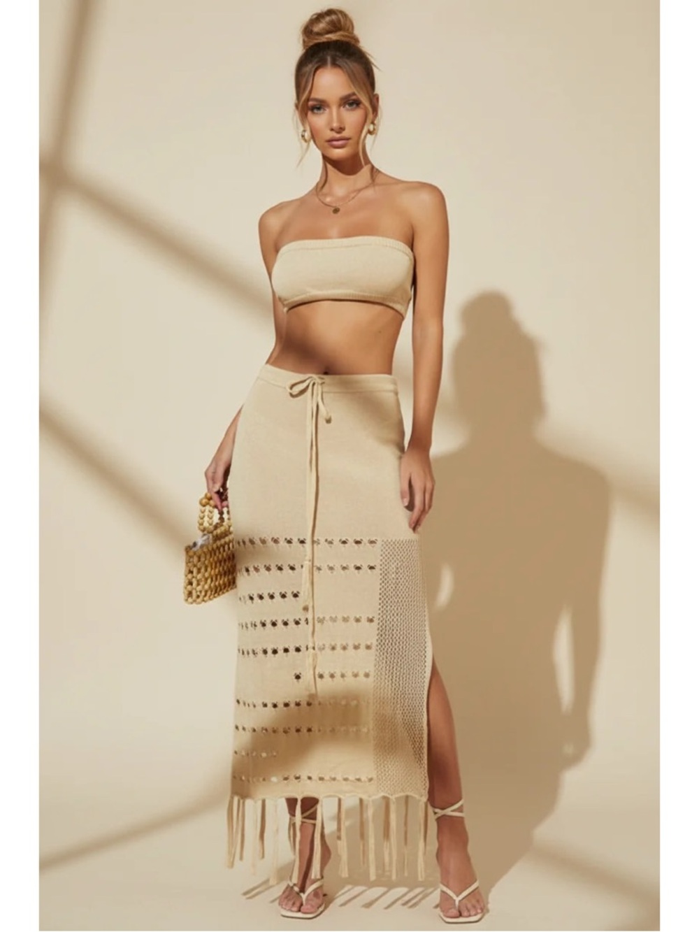NWT [SET] Micas Knit Fringe Maxi Skirt M Beige Tassel Sheer Slit Bandeau Top